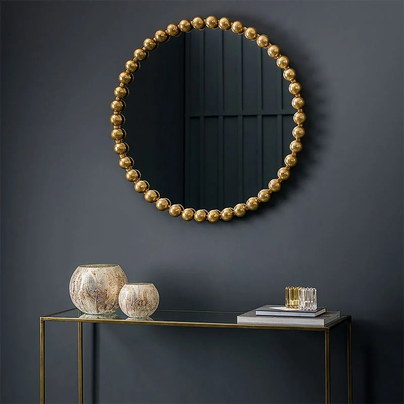Roman Large Round Beads Gold Metal Wall Mirror
