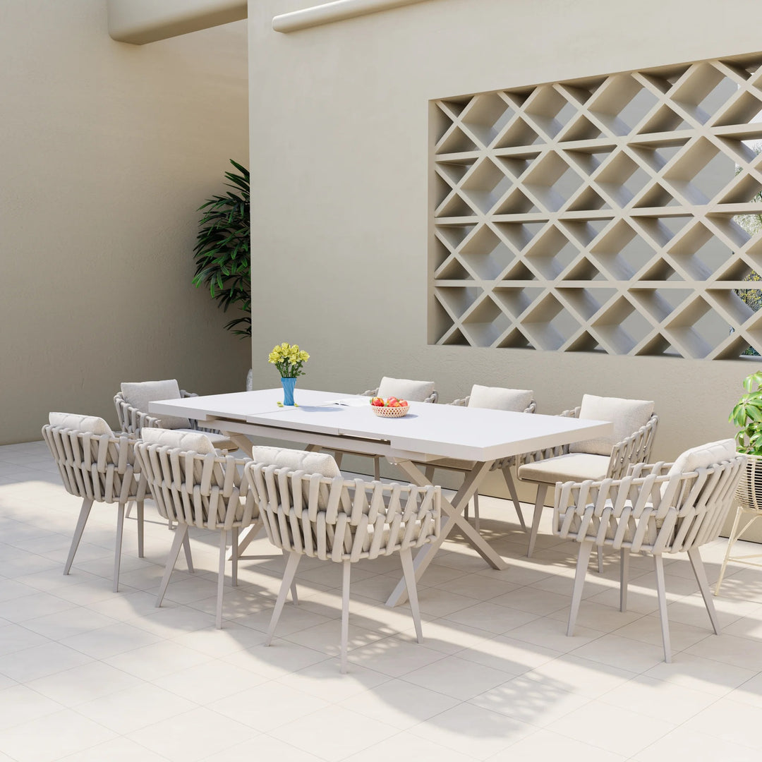 Spring Outdoor Extendable Dining Set with 8 Rope Weave Chairs 9-Piece