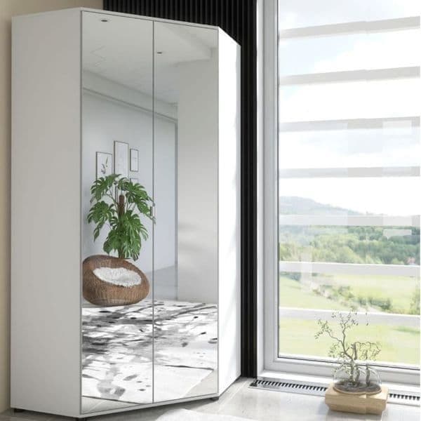 Tulip Full Mirrored and White 2 Door Corner Wardrobe