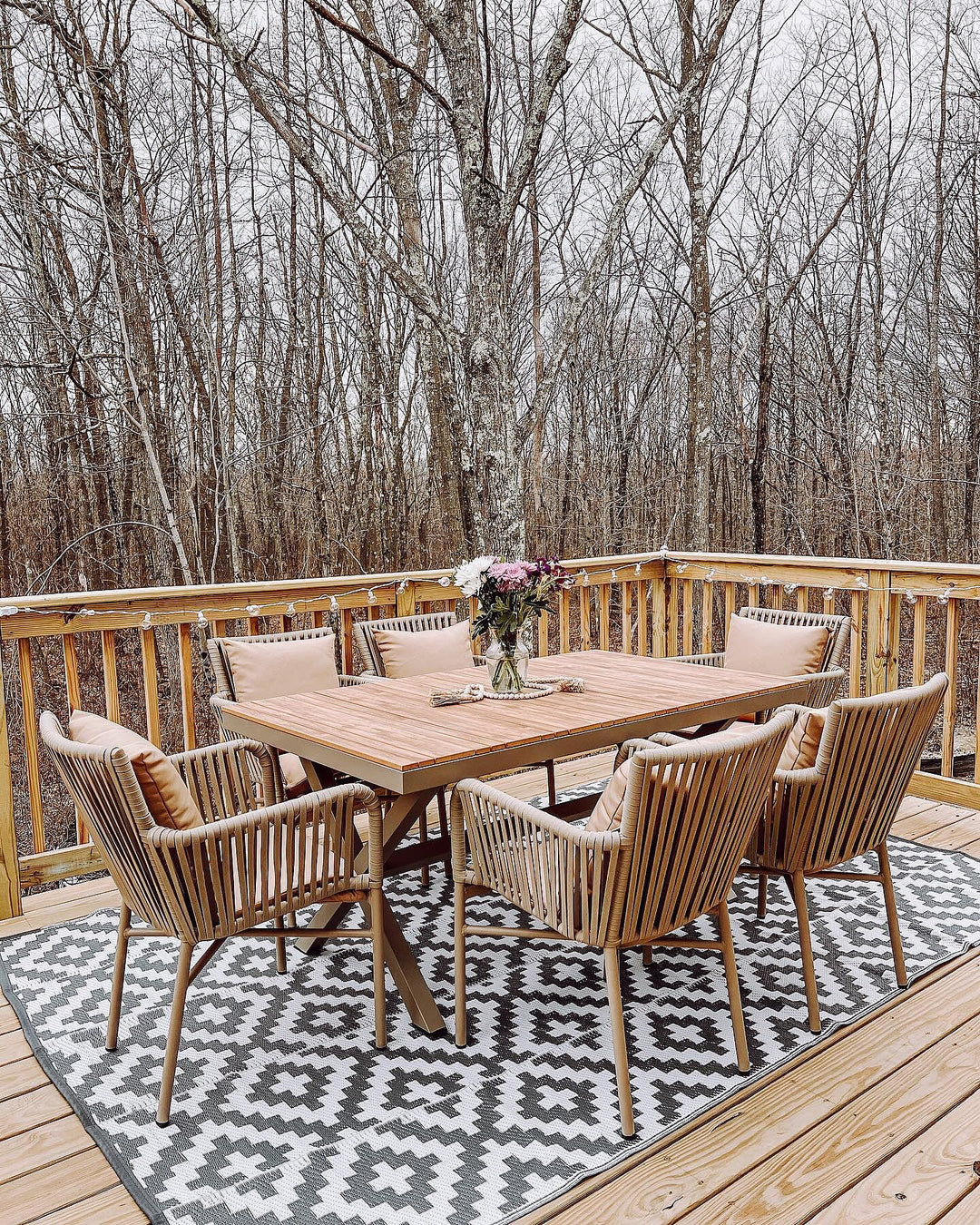7 Pieces Outdoor Dining Set Trestle Table and 6 Woven Rattan Armchair