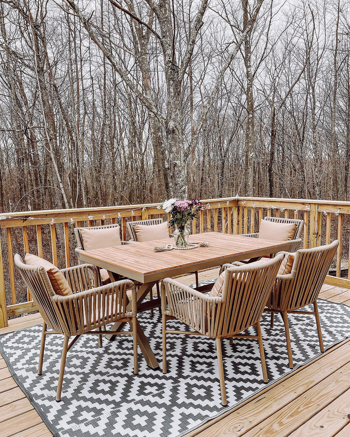 7 Pieces Outdoor Dining Set Trestle Table and 6 Woven Rattan Armchair