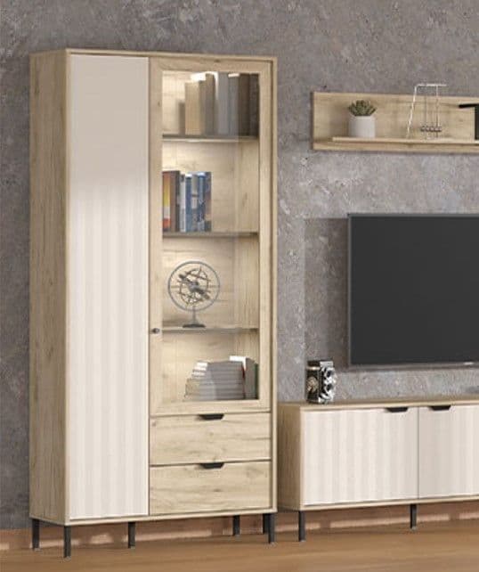 Daisy Grey Oak Effect And Cashmere Slatted 2 Door Display Cabinet